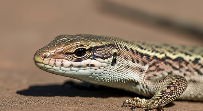 Close-up of a common lizard?s head and scales, basking in sunlight