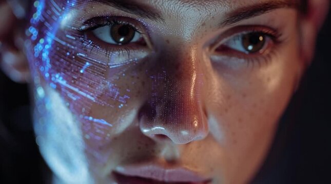 Close-up of a human face with a subtle transparent AI interface overlay, soft glowing data patterns blending with skin, blue-violet tones, cinematic lighting, futuristic and elegant.