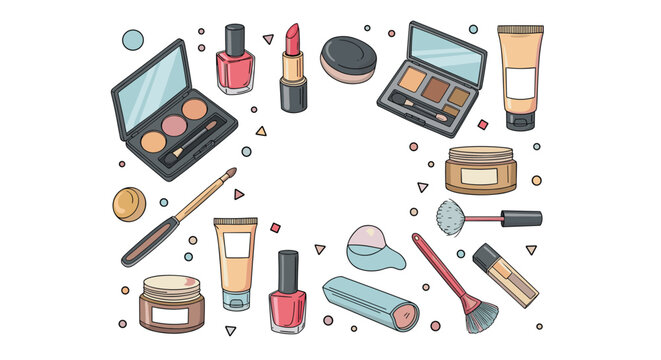 Various beauty products and makeup cosmetics arranged in a circular frame including lipstick, eyeshadow, and brushes.
