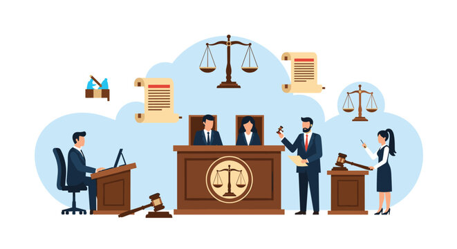 Courtroom scene with a judge, lawyers, and legal assistants working together under symbols of justice and law.