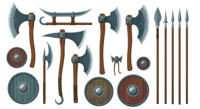 A collection of medieval battle weapons and shields arranged in a flat lay against a clean white background with earthy tones.