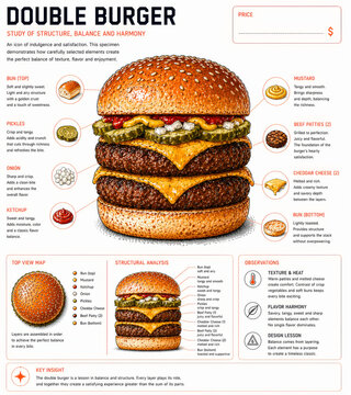  Hamburguesa doble con dos carnes y queso con esquema ингредиентов.
