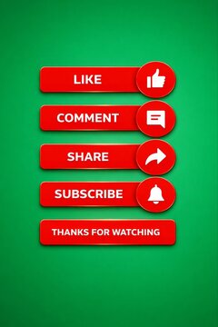 Red social media interaction buttons with like, comment, share, subscribe icons and thanks message