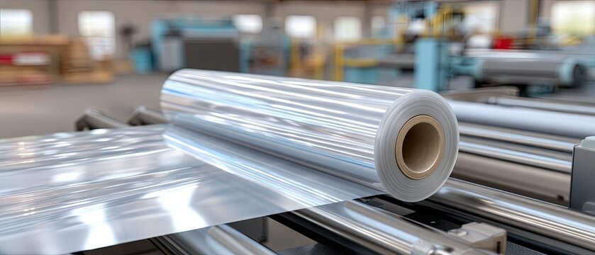 Roll of translucent plastic film unwinding from machine in industrial setting with blurred background showing other equipment