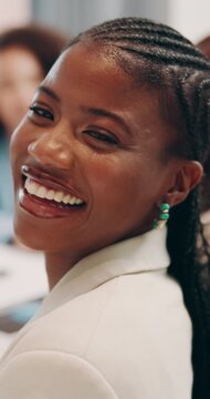 Woman, face and laugh with meeting in office for confidence, project management and business team. Startup, creative person and happy with opportunity for proposal, collaboration and agenda feedback