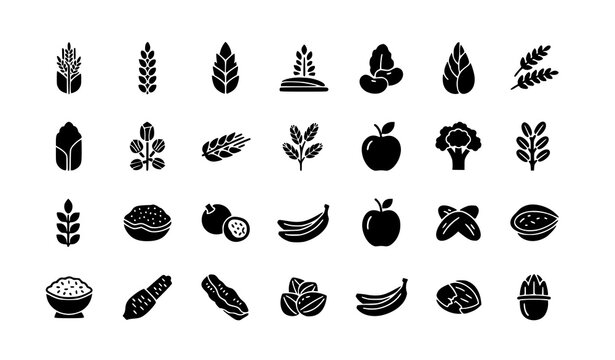 High fiber food icon set with grains fruits and vegetables minimal black vector collection