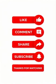 Red social media action buttons with icons for like, comment, share, subscribe and thanks for watching