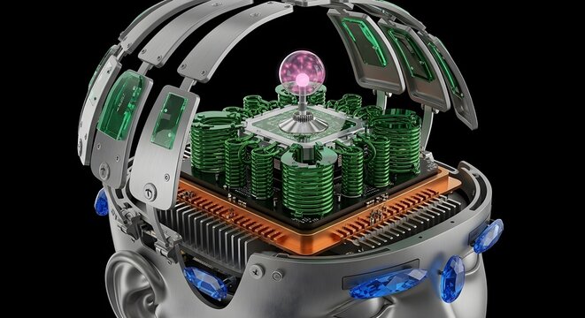 Titanium Human Head Profile with Quantum Processor Core and Superconducting Green Coils