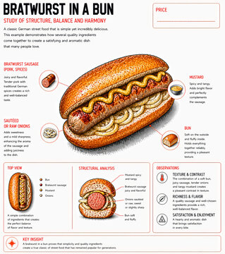  Bratwurst en pan con mostaza y cebolla presentado con ingredientes detallados.
