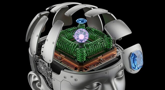 Titanium Human Head Profile with Quantum Processor Core and Superconducting Green Coils