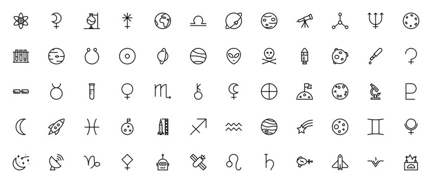 Space and Science icon set. Vector illustration pack with planets, lab tools, zodiac symbols, and celestial objects like rocket, telescope, and atom.