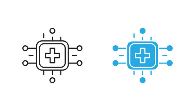 Line icon of a microchip featuring a medical cross in the center, symbolizing healthcare technology, digital health systems, AI diagnostics, and medical innovation.