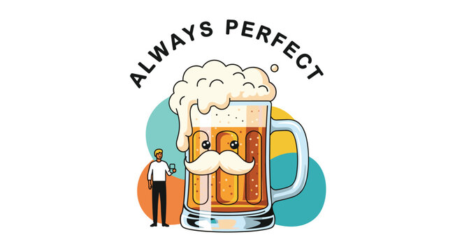 Friendly cartoon beer mug character with a mustache standing next to a man holding a small glass for a celebration.