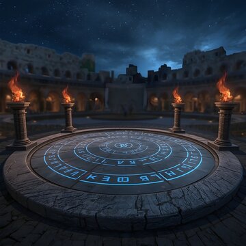 Ancient Stone Colosseum Arena for Fantasy Card Battle Game at Night