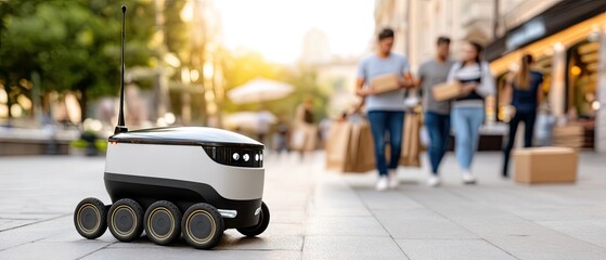 Obraz premium Autonomous delivery robot on a busy city sidewalk during golden hour with people and buildings in the background