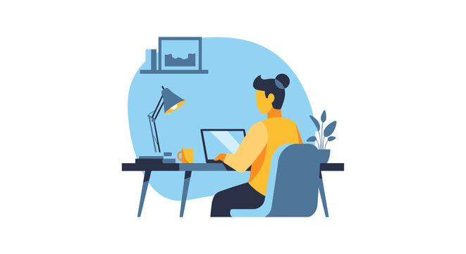 A woman sits at a desk working on her laptop computer at home
