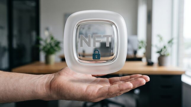 NFT digital token with lock icon floating above hand in modern office photography