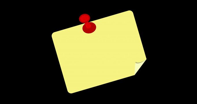 Yellow sticky note floats against a black background. Red pushpin attaches to note. Ideal for reminders, to-do lists, or presentations