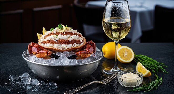 Fresh dressed crab meat in shell served on ice bowl with white wine glass and lemon
