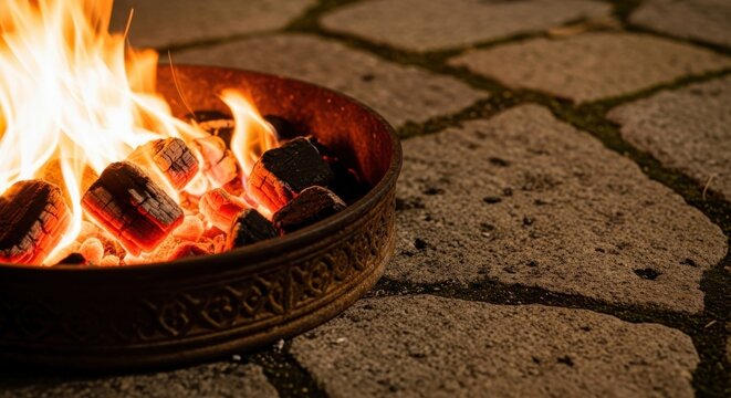 Close-up of glowing embers and flames within a decorative metal brazier on a stone patio at night