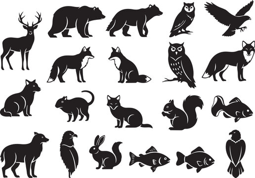 Black silhouettes of various forest animals and birds