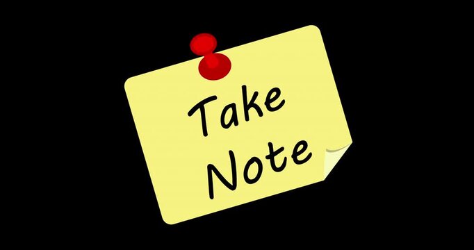 Sticky note animation shows message 'ake Note against black background. Note appears pinned with red pushpin. Simple, clean design for reminders or announcements. Suitable for educational, business