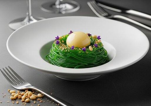 Molecular arugula spaghetti with parmesan sphere in white bowl on dark restaurant table