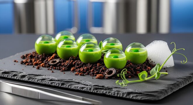 Molecular liquid green peas spheres with ham foam on dark slate board with culinary tweezers