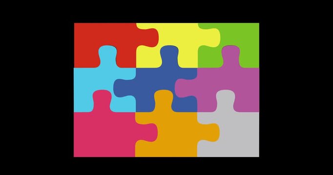 Multicolored puzzle pieces forming a rectangle grid. Modern flat design on black background. Ideal for tech presentations, digital dashboards, or as a dynamic background for data-driven content.