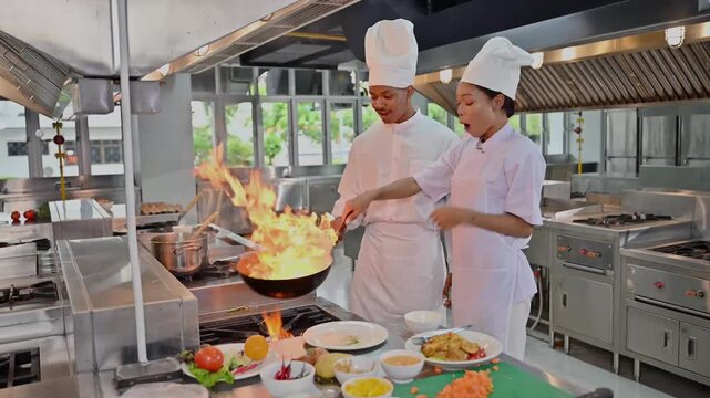 Professional Asian chef teaching apprentice high heat wok stir-frying with huge flame in kitchen