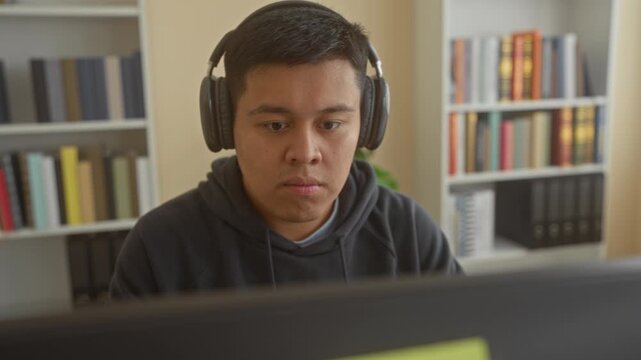 Man with headphones looking at computer monitor in a building office, focused gaze and neutral expression; concentration focus.