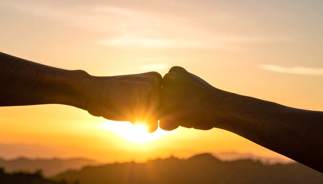 Silhouettes of two fists bumping against a golden sunset