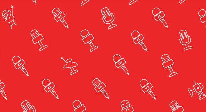Dynamic seamless pattern featuring white outlines of various microphone types on a bright red background for media.