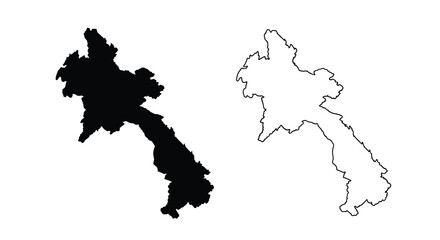 A stark depiction showcases laos s geographic outline presented in both filled black and white line formats © ArtBySalea07