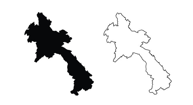 A stark depiction showcases laos s geographic outline presented in both filled black and white line formats