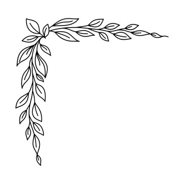 Hand-drawn botanical corner border with delicate leaves and branches for decorative frame design, minimalist black line art illustration