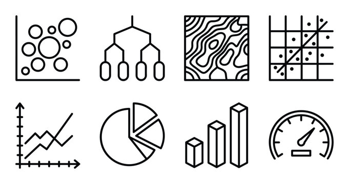 Data and analytics icons collection: charts, graphs, statistics, meter on transparent background.