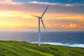 Obraz premium Wind Turbine Stands by the Ocean at Sunset in Coastal Landscape With Green Grass