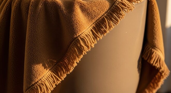 Close-up view of a frayed edge on a soft, tan chenille blanket displaying its velvety texture and fringe details