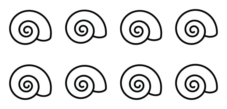 Eight stylized snail shell icons with clean lines on transparent background.