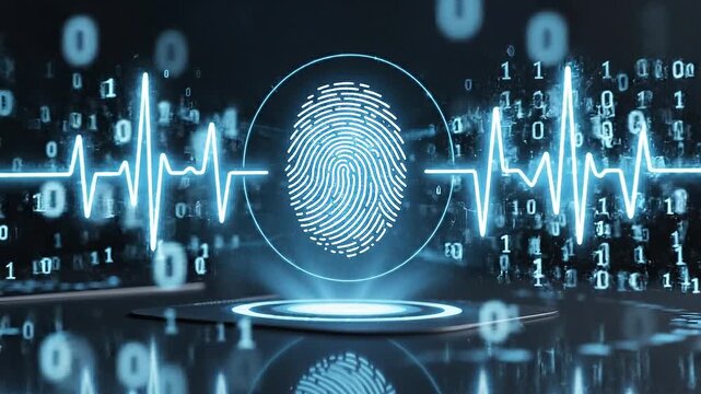 A glowing fingerprint security animation with a biometric unlock icon and touch id motion, representing digital