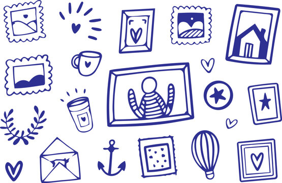 Doodle Vector Illustration Set - Hand Drawn Blue Icons and Decorative Elements