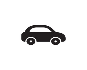 Fototapeta premium Minimalist blue car icon with rounded shape, two black wheels, and white window area, flat vector style, high-contrast geometric design on white background