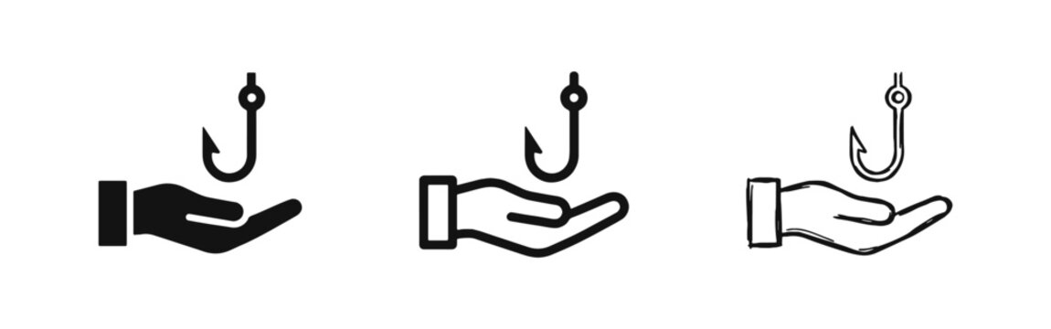 Fishing Hook and Hand Trap or Scam Concept Icons
