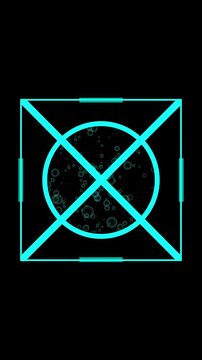 Futuristic cyan geometric interface with arrows and bubbles on dark animated background. Geometric interface technology system. Geometric interface data navigation display.