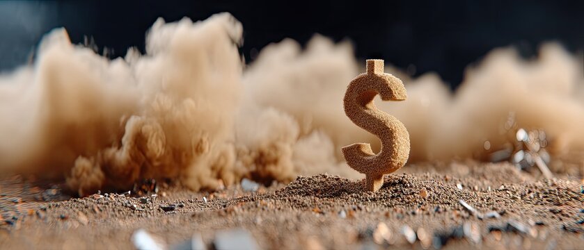 Large weathered stone dollar sign stands amidst swirling dust and smoke in a dark and textured environment