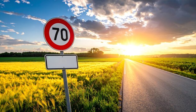Road sign at sunset over a field