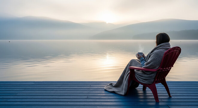 Cozy blanketed person sitting on a dock looking at a foggy lake perfectly for tranquil travel and winter relaxation