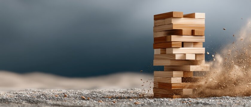 Wooden jenga tower on sandy surface with particles as blocks shift and fall against a dark teal and misty blue background during daytime activity