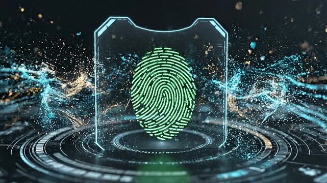 Futuristic fingerprint security animation with a biometric unlock icon and touch id motion, representing digital